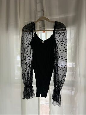 Divided Black Sheer Polka Dot Sleeve Bodysuit
